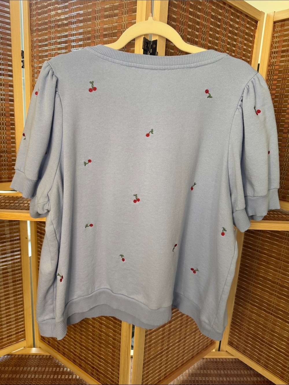 Chelsea & Theodore Light Blue Puff Sleeve Cherry Embroidered Top N0348 - Picture 4 of 4